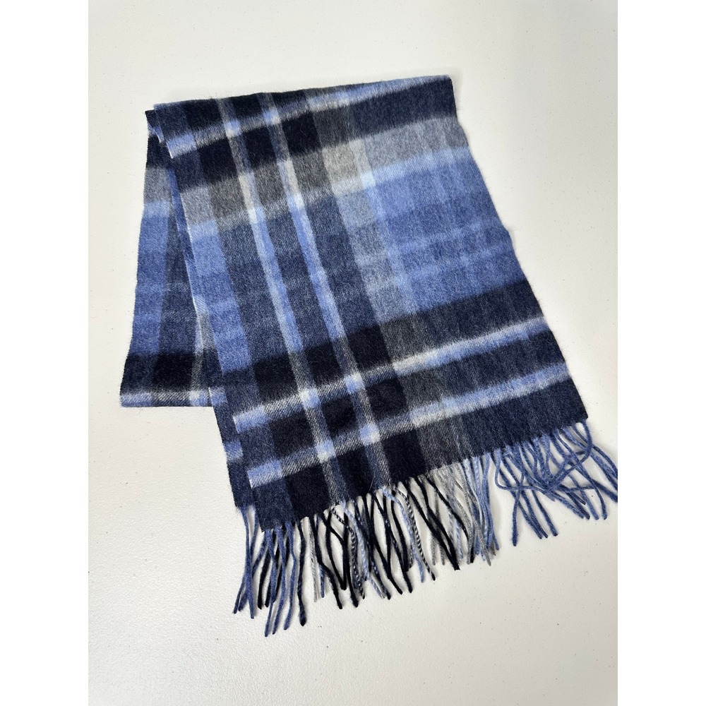 Joseph Abboud Scarf 100% Cashmere Blue Navy Grey Plaid Fringed Preppy